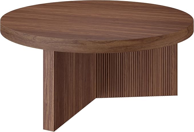 Henn&Hart 36" Fluted Round Low-Profile Coffee Table with Ribbed Pedestal Base Living Room, Family Room, or Office, Medium Walnut