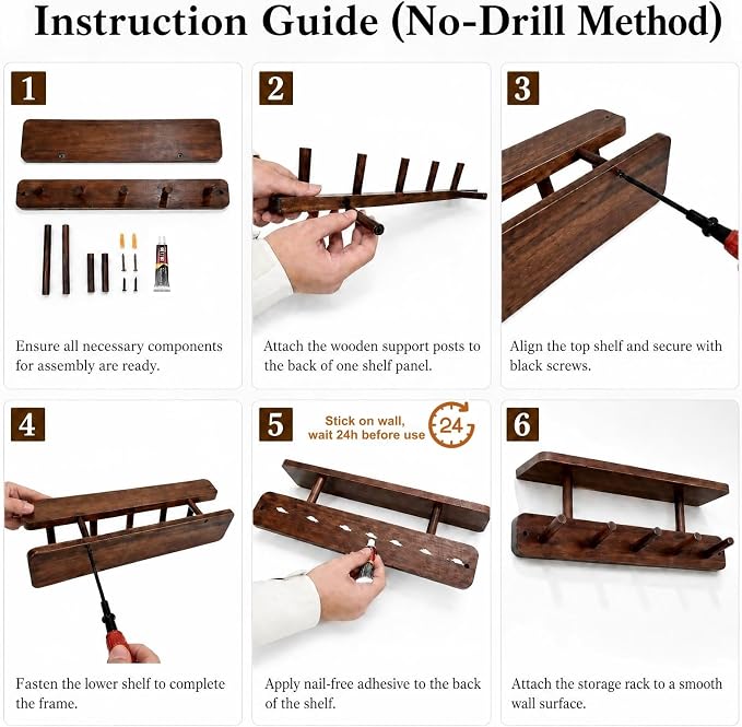 Coat Rack Wall Mount with Shelf, Adhesive or Drilling Mount, 2 Pack Wall Shelf with 10 Wooden Hooks, Hanging Storage for Clothes, Hats, Towels, Keys, Bags, for Entryway, Bathroom
