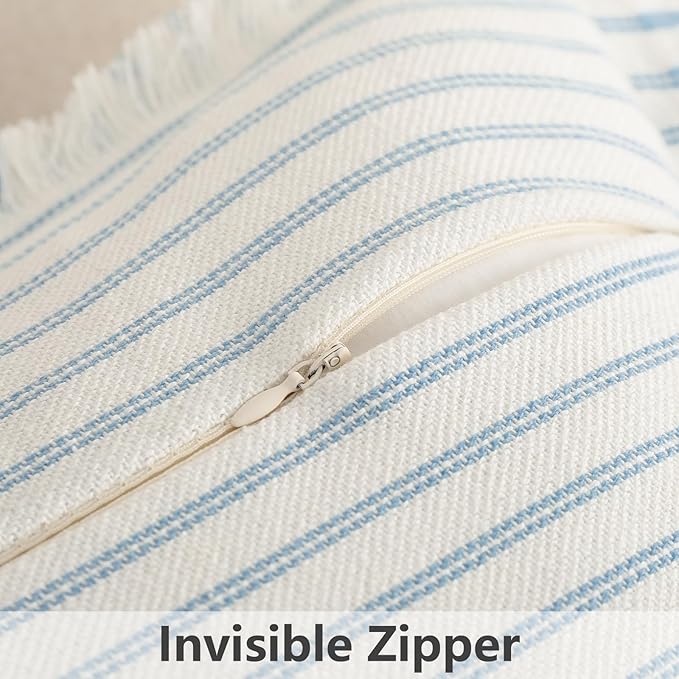 ZWJD Throw Pillow Covers 22x22 Set of 2 Striped Pillow Covers with Fringe Chic Cotton Decorative Pillows Square Cushion Covers for Sofa Couch Bed Living Room Farmhouse Decor (Light Blue)