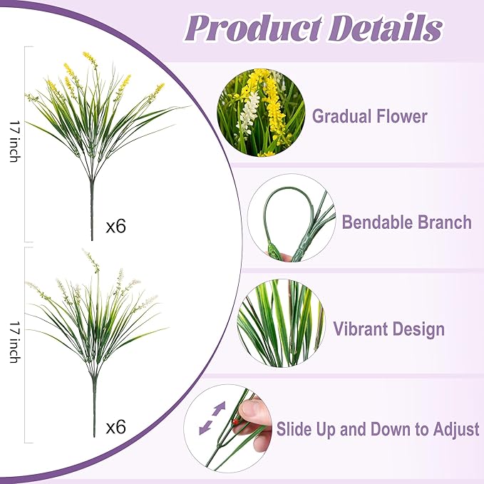 Ammyoo Artificial Faux Plants for Outdoor Spring Decoration, 12 Pcs Fake Monkey Grass for Garden Porch Balcony Planters, Fake Flowers Shrubs UV Resistant No Fade Plants Greenery Bush(Yellow White)