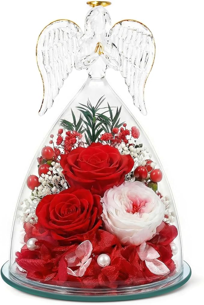 TranquilBliss Gifts for Mom, Flowers for Mother’s Day, Preserved Rose in Glass Dome with Light, Angel Figurines for Her Birthday, Valentine’s Day for Wife, Grandma, Women - Red