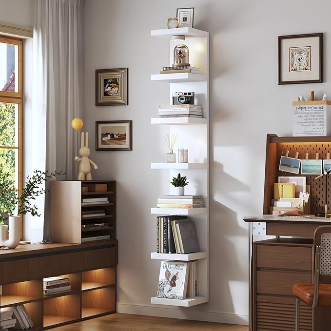 White 7-Tier Vertical Wall Shelf Unit with USB Rechargeable Led Light (Remote Controlled),Versatile Floating Display Shelves,Lack Style Wall Shelves for Bedroom,Living Room,Office Decor,Vanity