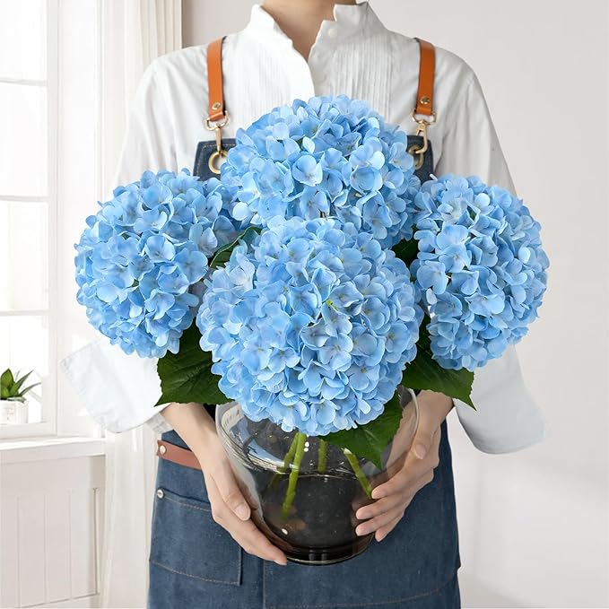 JINWOE Boho Light Blue Fake Hydrangea Artificial Flowers, 4Pcs 22" Large Lifelike Silk Artificial Hydrangeas, Full Fake Flowers for Bouquet Table Centerpieces Wedding Indoor Home