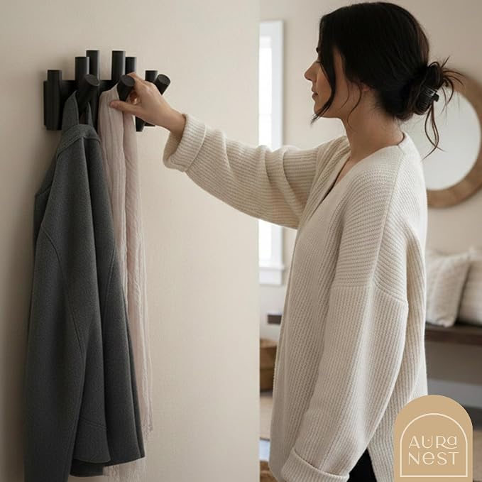 Bamboo Piano Coat Rack Wall Mount Pivoting Retractable Wooden Hooks for Entryway Hallway Mudroom Bedroom Bathroom | Matte Black Wood Hanger, 3 Hooks, Space Saving Organizer