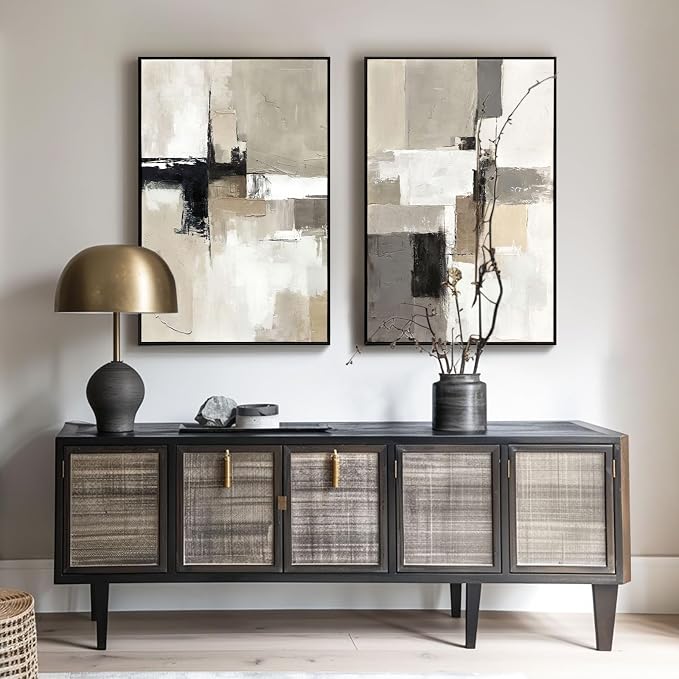Set of 2 Modern Neutral Abstract Wall Art – Framed Beige, Gray, and Black Canvas Paintings for Living Room, Bedroom, or Office Décor – 24x36 Inches Each