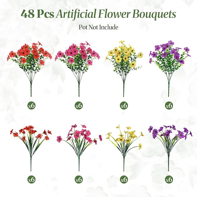 Alupssuc 48 Bundles Artificial Flowers for Outdoors Decoration, UV Resistant Silk Faux Daisy Spring Fake Plastic Plants Greenery for Outside Indoor Yard Home Porch Window Box Decor(Upgrade 4 Colors)