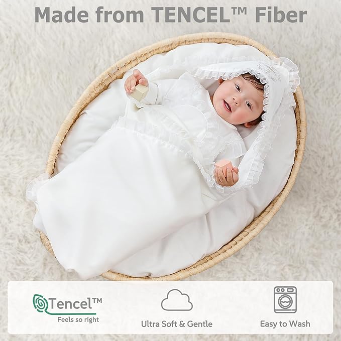 Tencel Baptism Baby Blanket – Lyocell Christening Blanket with Pleated Edge and “Be Blessed” Cross Embroidery, 39.4×39.4 in, Soft Heirloom Religious Gift for Boys & Girls