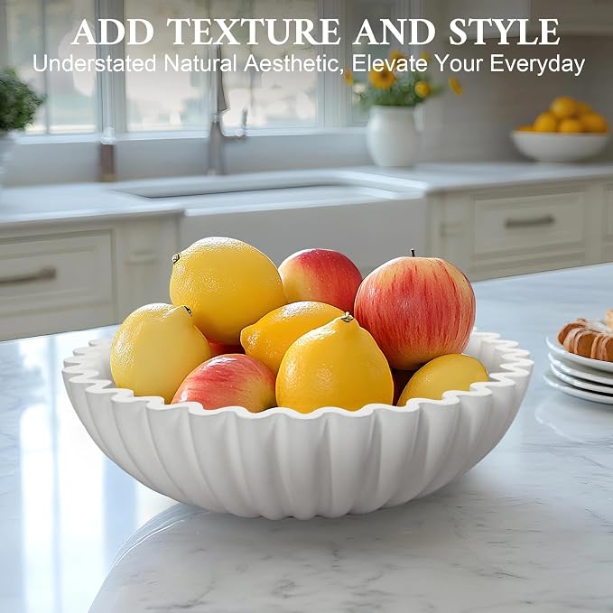 MAONAME Concrete Decorative Bowl, White Fruit Bowl for Kitchen Counter, Modern Handicraft Coffee Table Key Bowls, Large Scalloped Ruffle Bowls for Entryway, Home Decor