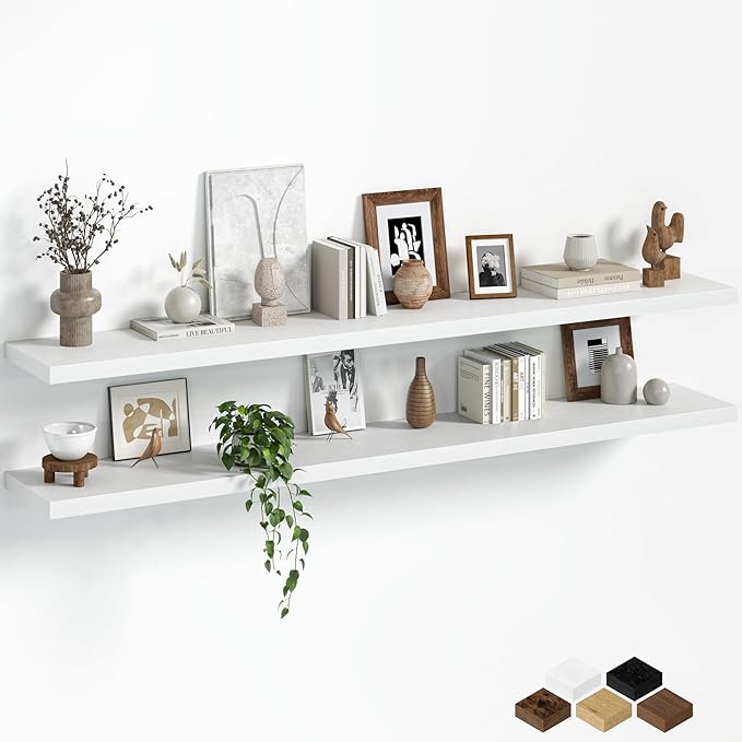 Fun Memories Floating Shelves for Wall, 66 Inch Long Set of 2 Rustic Wood Wall Shelves with Invisible Brackets, Heavy Duty Storage Display for Living Room Bedroom Kitchen, White