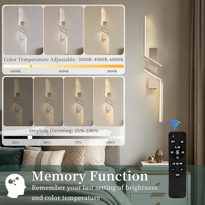 Rechargeable Wireless Wall Sconces, No Hardwiring Modern Wall Sconces Set of 2, Battery Operated LED Wall Lights with Remote, 3000K-6500K Dimmable Sand Nickel Wall Sconce for Bedroom Living Room etc