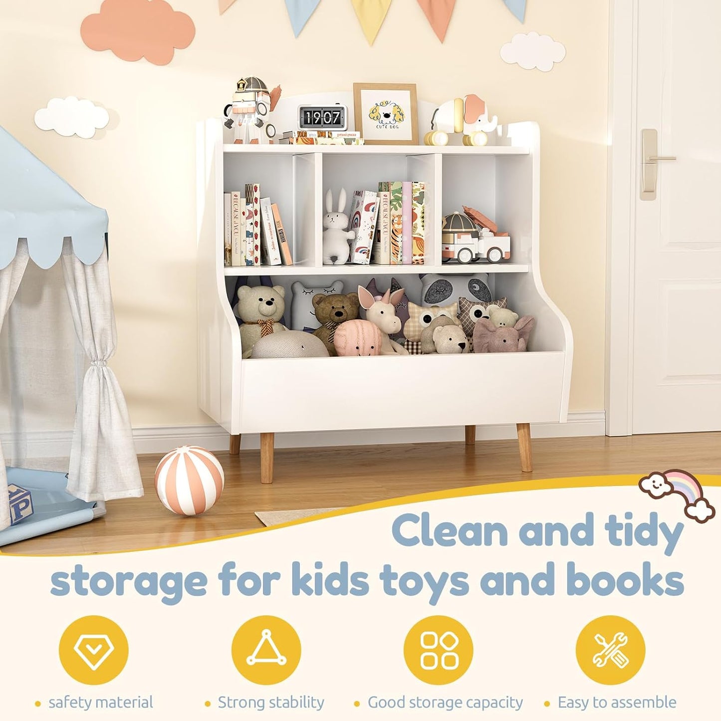 Toy Storage Organizer, 3 Tier Floor Standing Toddler Bookshelf with Legs, 5 Cube Kids Bookshelf and Toy Storage, Book Shelf for Kids Room, Living Room, Nursery, White