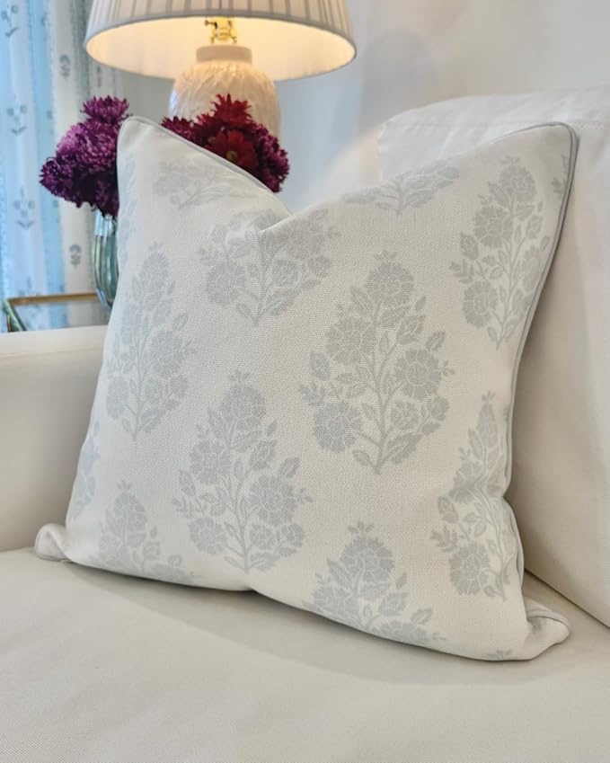 Jillien Harbor “The Patty” Floral Block Print Pillow Cover – Neutral Gray Decorative Throw Pillow Cover with White Background – Grandmillennial Home Decor, 20" x 20"