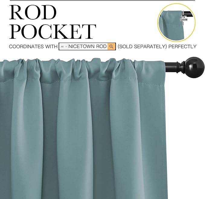 NICETOWN Greyish Blue Blackout Curtains Panels for Window, Thermal Insulated Rod Pocket Blackout Drapes/Draperies for Living Room (2 Panels, W34 x L63 inches)