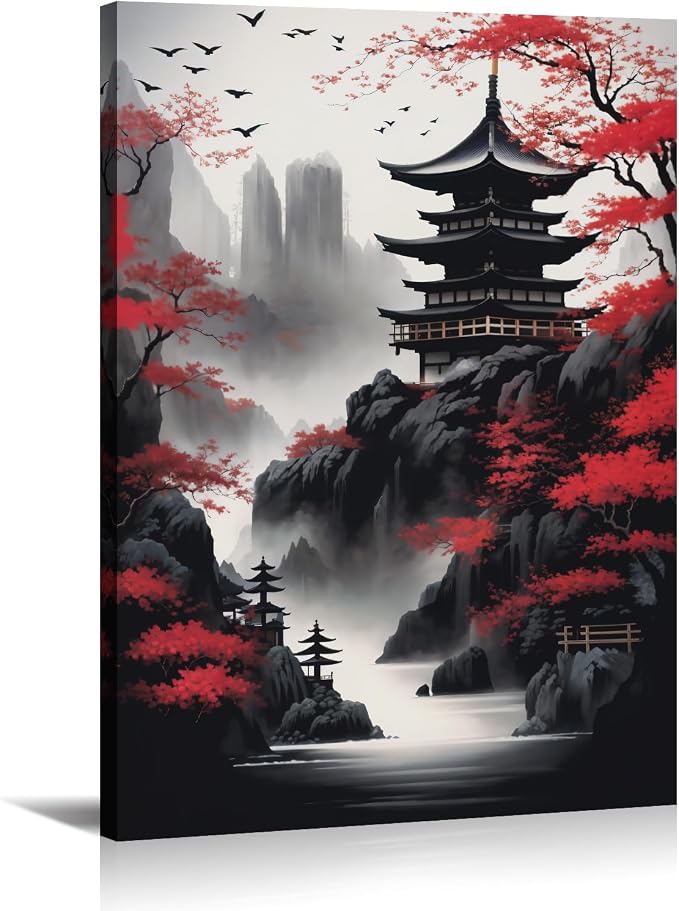 KPLUNDO Japanese Wall Art Asian Landscape Canvas Prints Red and Black Cherry Blossom Trees Picture Vintage Painting for Bathroom Living Room Bedroom Home Wall Decor(Art-1,20.00x30.00 inch)