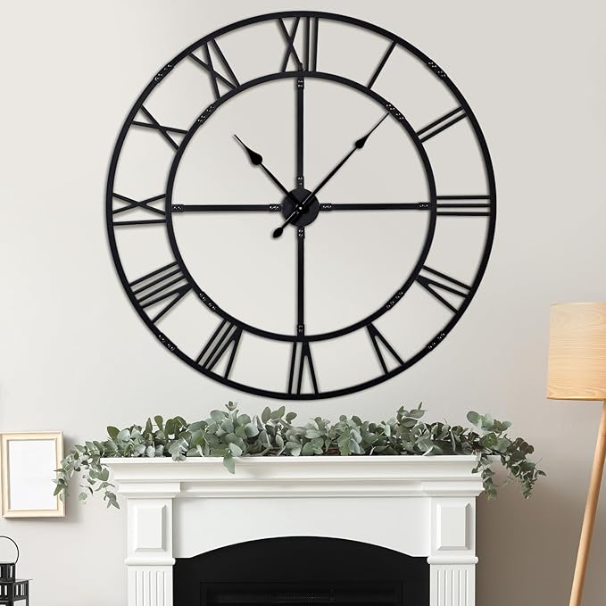 Oversized 48 inch Knocked-Down (KD) Wall Clock for Living Room Decor – Extra Large Silent Non-Ticking Modern Farmhouse Wall Clock, Decorative Metal Roman Numeral Clock, Black