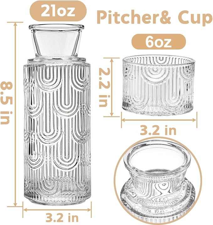 Coloch 4Pcs Bedside Glass Carafe Set With Tumbler, 21 Oz Glass Water Pitcher with 6 Oz Cup as Lid Vintage Mouthwash Dispenser Nightstand Carafe and Cup for Midnight Drink Set, for Bedroom, Bathroom