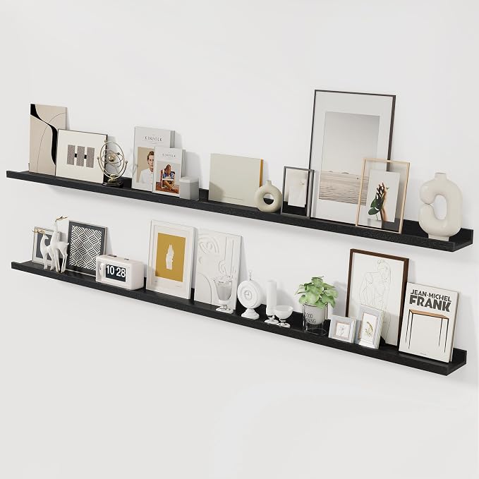 Acovy Picture Ledge Shelf, 72 inch, Black, Solid Ash Wood, Set of 2 | Floating Shelves, Wall Mounted, For Living Room Kids' Room Bedroom