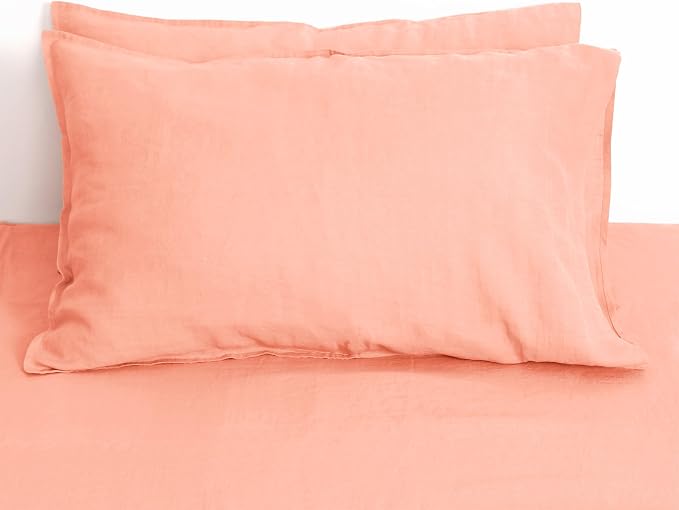 Linen World Linen Pillow Cases Queen Size - 20"x30" Set of 2,100% French Flax Pillowcase,Soft Breathable Natural Pillow Covers,Peach