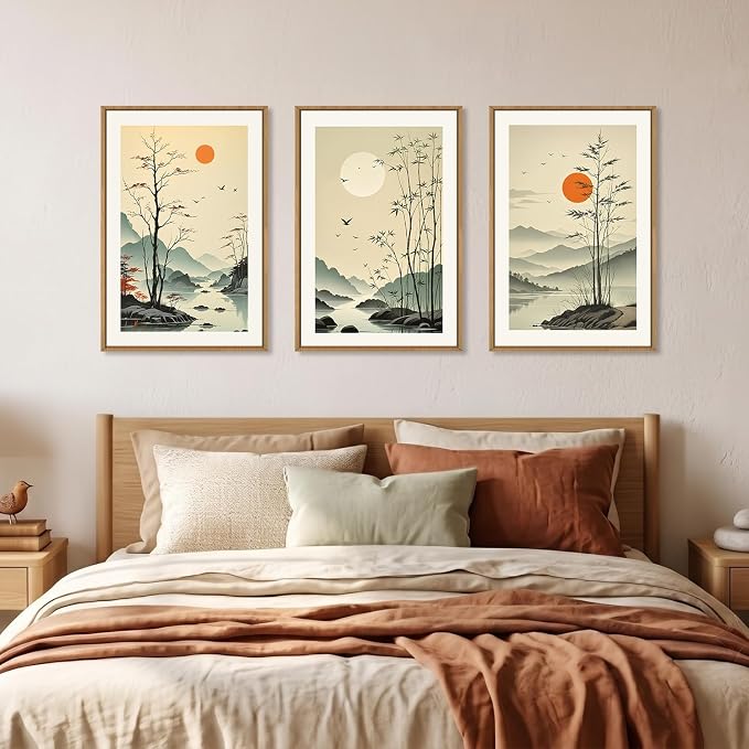 Chinoiserie Bamboo Forest Framed Canvas Wall Art Set, Nature Tree Lakes Wall Decor, Minimalist Zen Landscape Wall Painting, Watercolor Art Prints for Living Room, Bedroom, Office 16"X24"X3