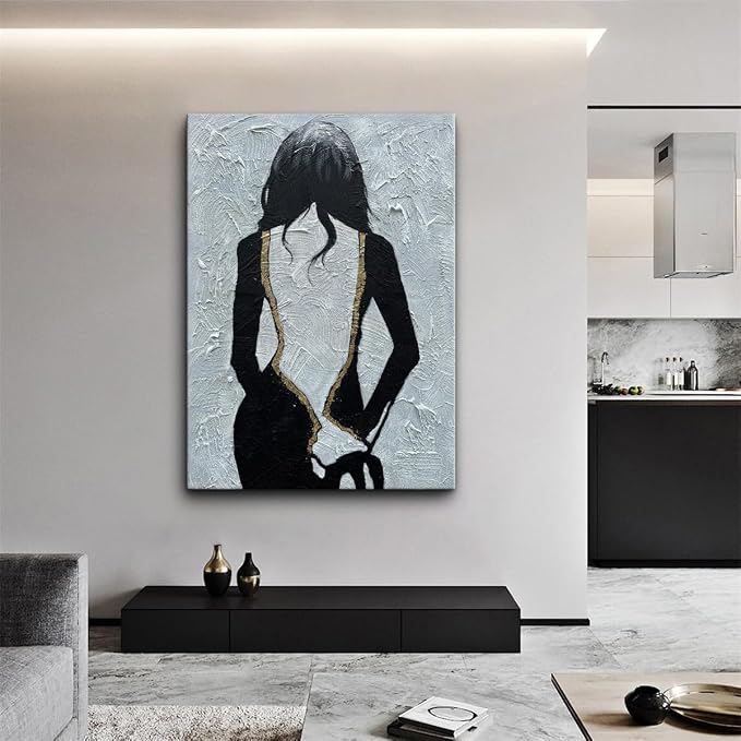 zoinart Hand Painted Black and White Textured Wall Art, 28x40 Inches, Black and White Girl Abstract Painting, Vertical Wall Decor