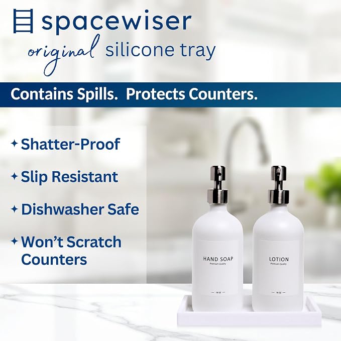 Spacewiser Countertop and Vanity Tray - 2 PC Small 7.7" Silicone Bathroom Trays, Kitchen Soap Tray, Dish Sponge Soap Holder Kitchen Sink Organizer Caddy, Bathroom Counter Trays for Lotion Dispenser