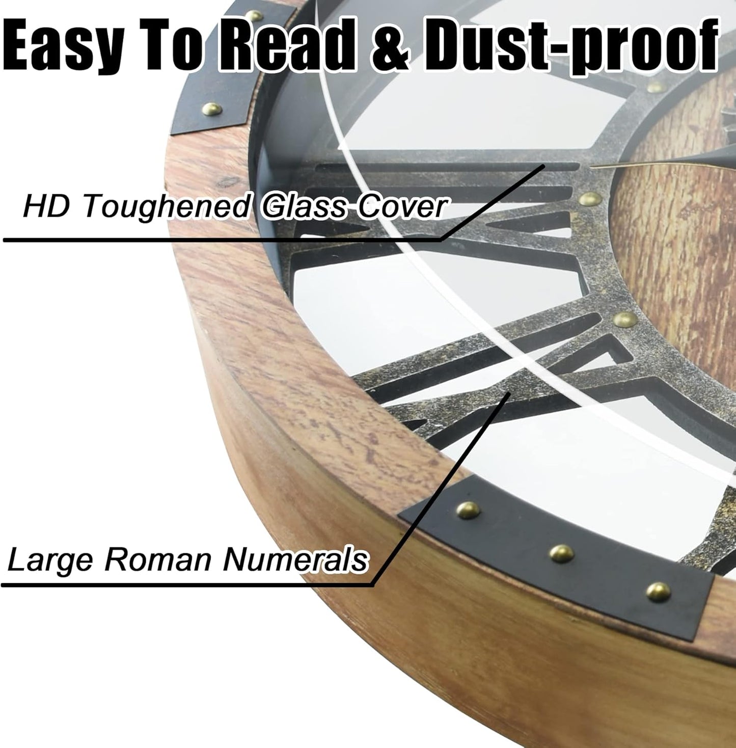 DORBOKER 24" Large Wall Clock with Moving Gears,Oversize Vintage Industrial Rustic Farmhouse Clocks for Living Room Decor Office Home,Solid Wood HD Tempered Glass Cover,Brown