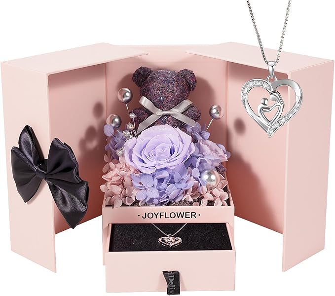 JoyFlower Preserved Flowers with Necklace Gifts for Mom, Unique Pearl Rose Eternal Flower Bear with Necklace Gift for Grandma, Preserved Real Purple Roses Birthday Mother's Day Gift for Mother Grandma