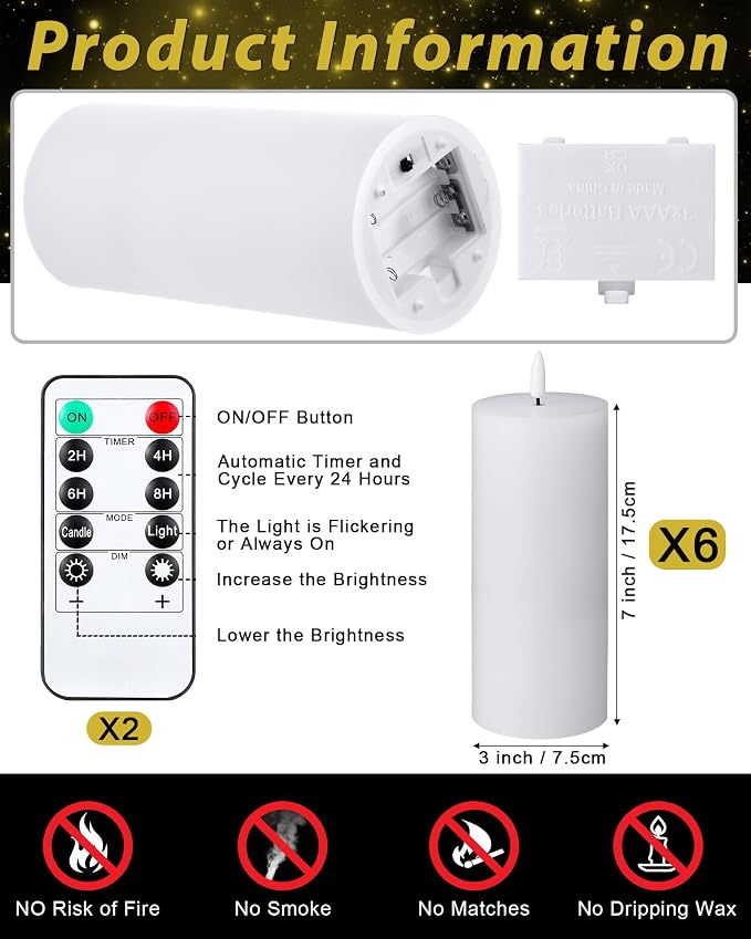 VIHOSE 6 Pack White Flameless Candles Set with Remote and Timer Flickering Flameless Battery Candles LED Pillar Flat Top for Wedding Outdoor Home Festival Decoration(D 3" H 7")