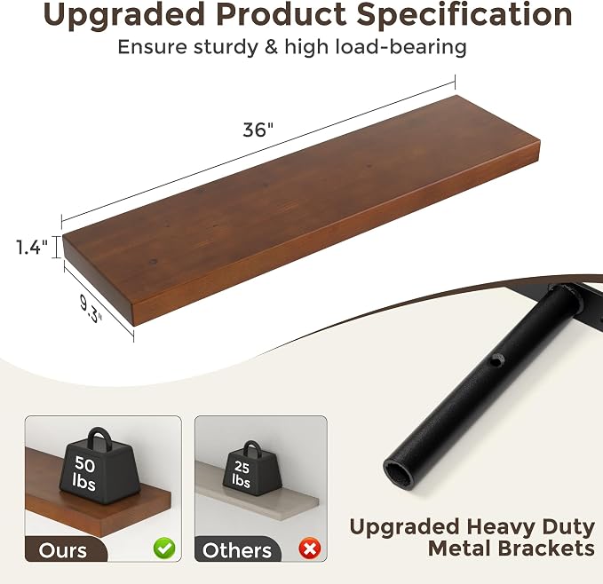 Axeman 36 Inch Floating Shelves for Wall, 9.3" Deep High End Solid Real Wood Wall Shelves with Heavy Duty Invisible Bracket for Living Room, Bedroom, Kitchen, Bathroom, Set of 2, Walnut Finish