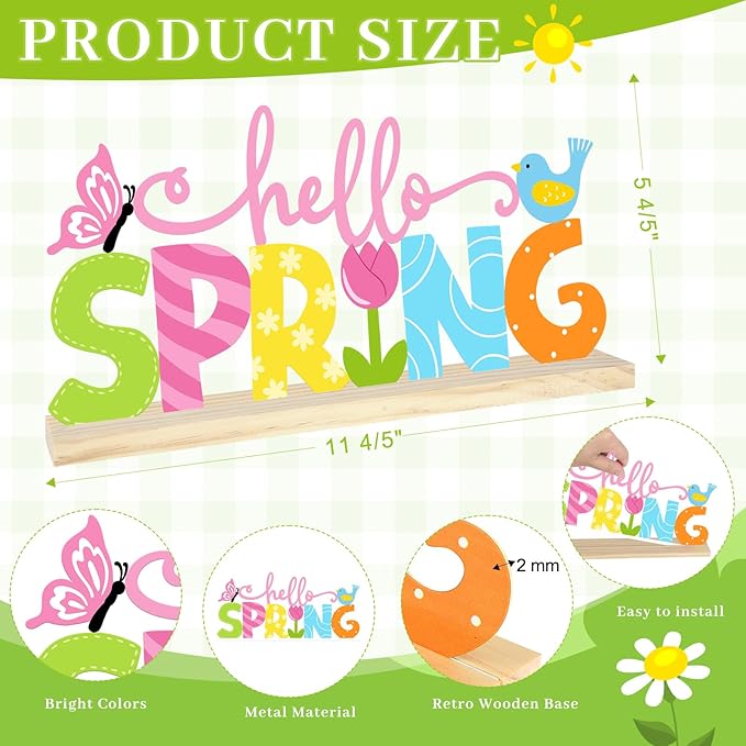 Metal Hello Spring Table Sign, Hello Spring Tabletop Decoration with Wood Base, Springs Table Centerpiece Decor for Home, Office, Shelf, Indoor, Mantel Party Supplies