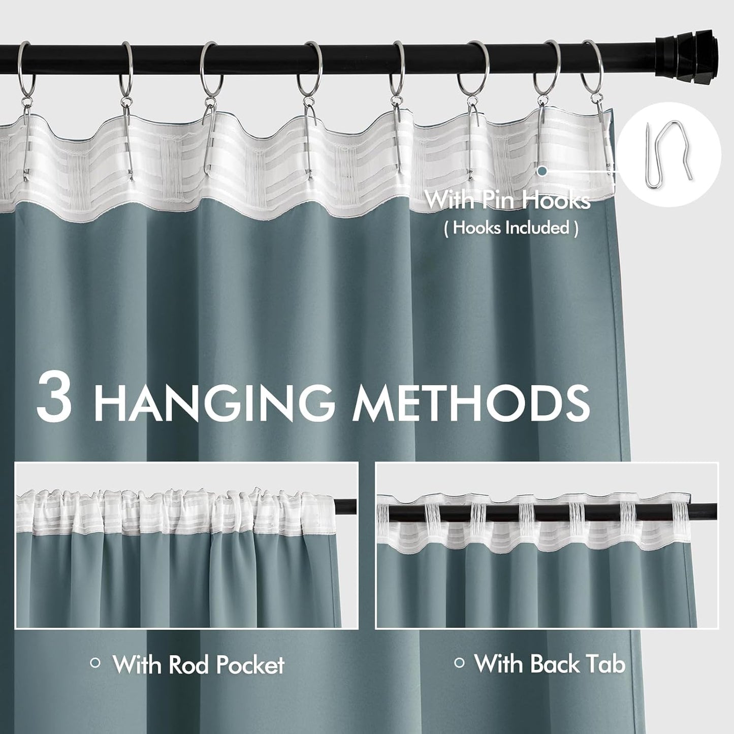 MIULEE Greyish Blue Back Tab Blackout Curtain 96 Inch Long 2 Panels Set for Bedroom, Rod Pocket/Pinch Pleat Thermal Insulated Living Room Darkening Pleated Light Blocking Floor to Ceiling Drape