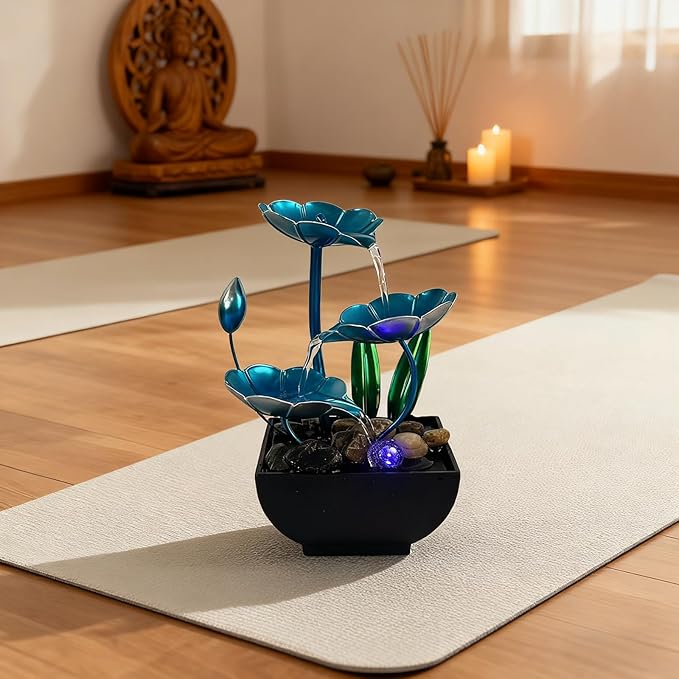 AOZITA Tabletop Fountain, Indoor Waterfall Fountain, Small Home Décor Zen Relaxation Soothing Sound Machine for Office, Living Room, or Bedroom,Blue Metal Lotus with Bud, River Rocks, LED