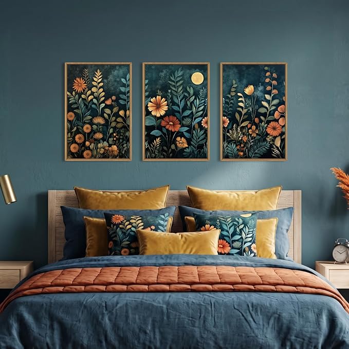 Vintage Dark Botanical Framed Canvas Wall Art Set,Colorful Floral Wall Decor,Moody Blue Wildflower Wall Painting,Nature Blossom Flower Art Prints for Living Room,Bedroom,Office-16"X24"x3