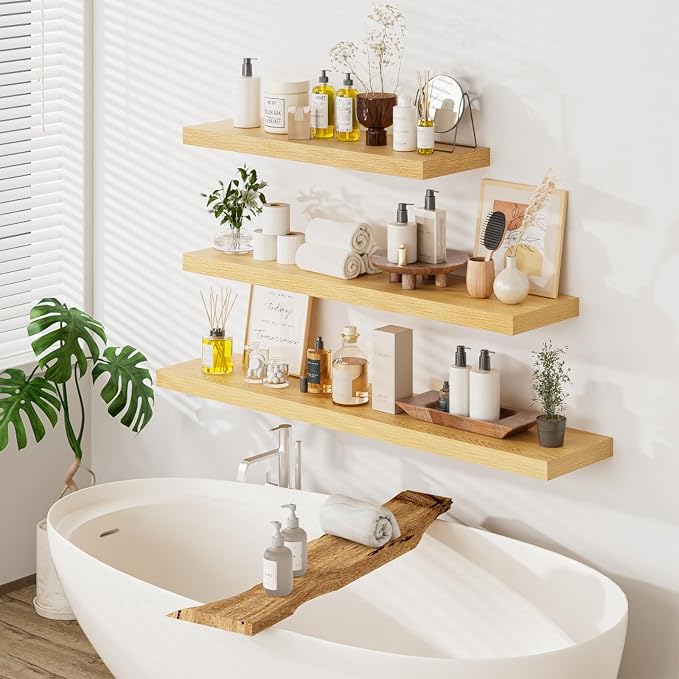 Heimlove 12 Inch Deep Floating Shelves for Wall, 55x12 Mounted Shelves for Bedroom Living Room Bathroom Kitchen Home Office, Set of 2, Oak