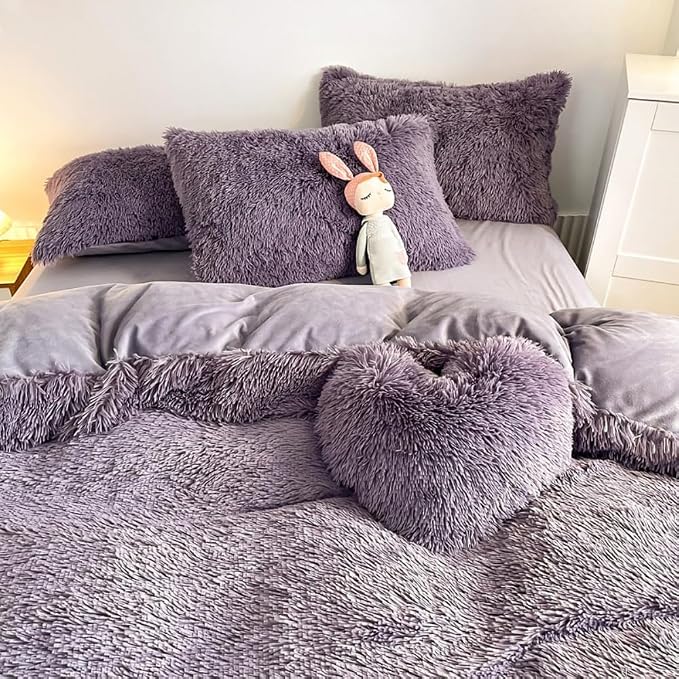 chovy Faux Fur Plush Purple Comforter Sets Twin/Full Size - Ultra Soft Shaggy Flannel Velvet Fluffy Fuzzy 3PC Bedding Set (Comforter x 1 Pillowcases x 2)