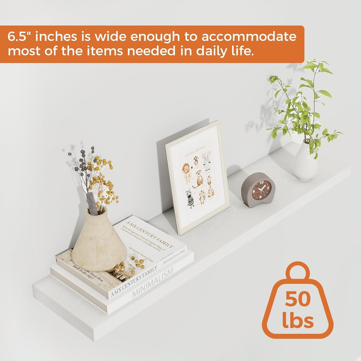 Fun Memories Floating Shelves for Wall, 30" Rustic Wood Deep Wall Mounted Shelves with Invisible Brackets for Decor & Storage, Floating Shelf for Living Room, Bathroom (White, Set of 2)