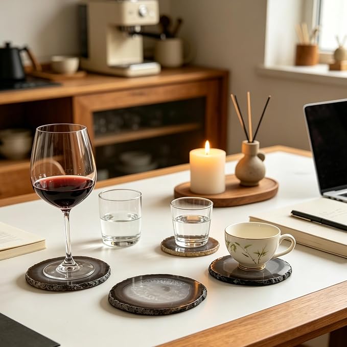 Agate Coaster for Drinks Polished Agate Slices Crystal Coasters with Rubber Gray 3-4" Coffee Table Decor Bar Sets for the Home