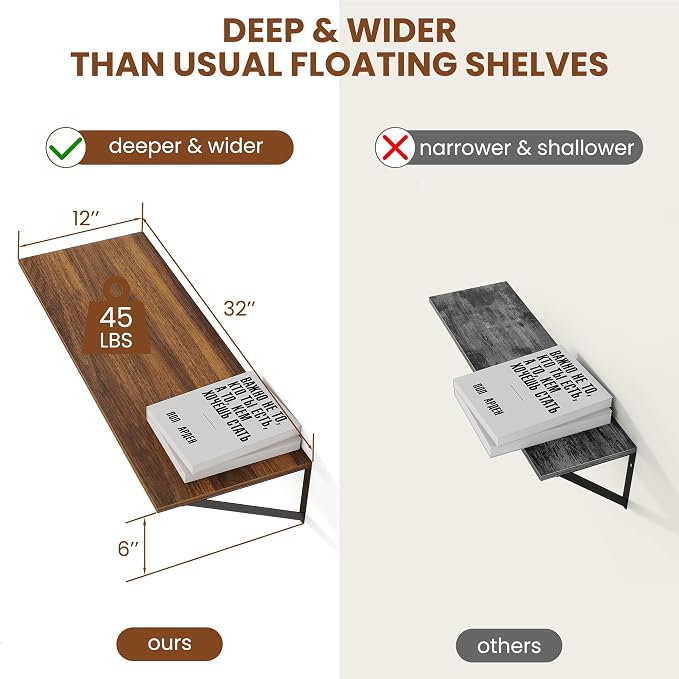 Heimlove 12 Inch Deep Floating Shelves for Wall, 32W x 12D Wood Wall Shelves Set of 2, Walnut Wide Floating Bookshelf for Living Room, Kitchen, Office, Bedroom, with Black Metal Bracke - Walnut