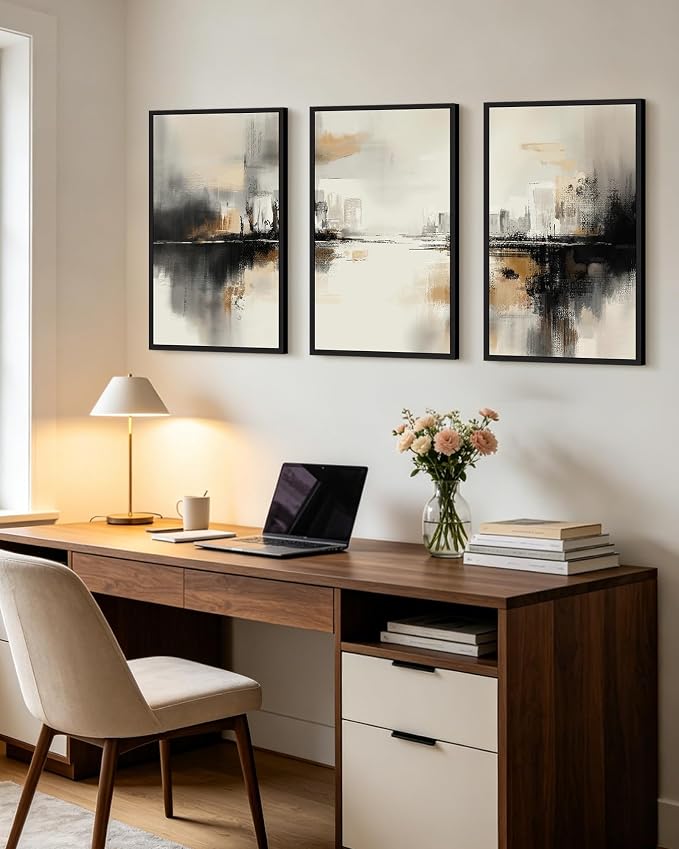 PHOPAGO Black Gray Abstract Landscape Framed Wall Art Large 16x24in Brown Tan Neutral Wall Decor Minimalist Modern Illustrations Prints Bedroom Home Decor - Black Framed