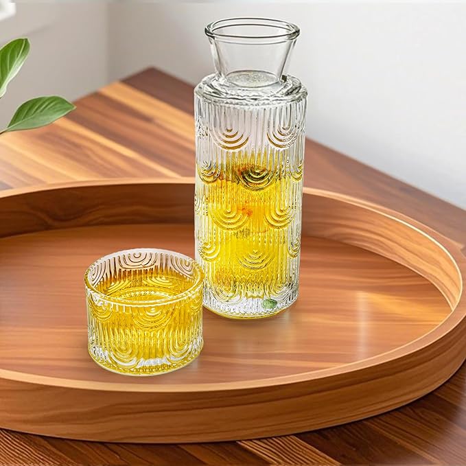 Coloch 4Pcs Bedside Glass Carafe Set With Tumbler, 21 Oz Glass Water Pitcher with 6 Oz Cup as Lid Vintage Mouthwash Dispenser Nightstand Carafe and Cup for Midnight Drink Set, for Bedroom, Bathroom