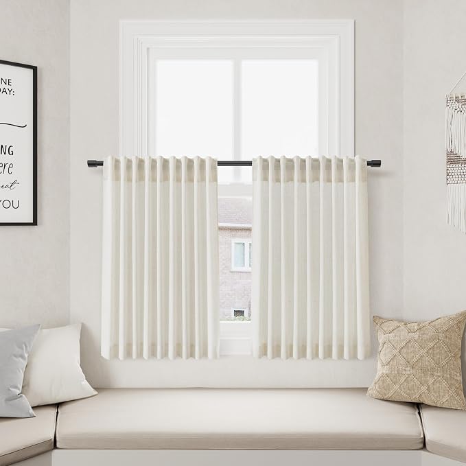 Nanspring Linen Kitchen Curtains Vintage Flax 24 Inch Length Tiny for Small Windows Light Filtering Semi Transparent Drapes with Back Tab Rod Pocket Cream Laundry Room Decor 2 Panels 50Wx24L