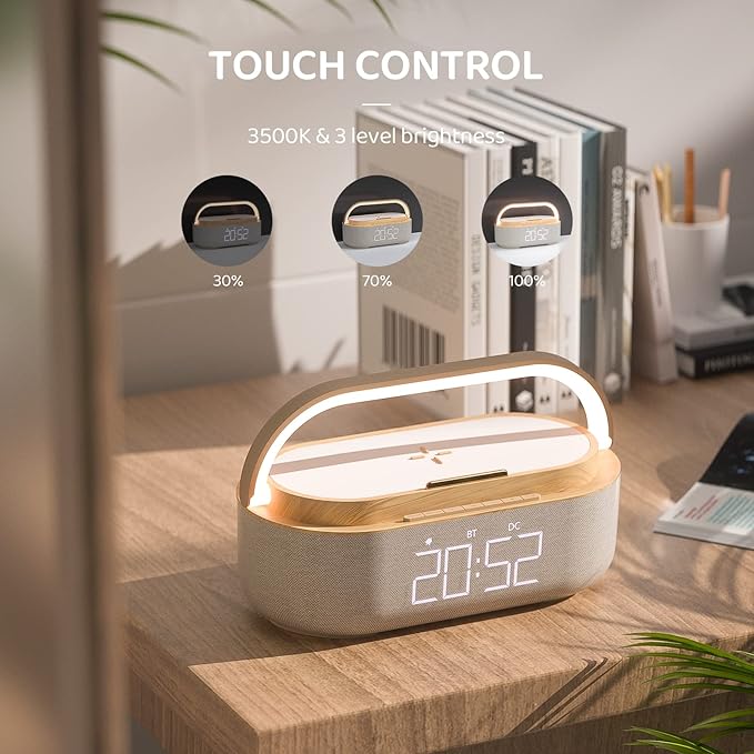 COLSUR Bluetooth Speaker Alarm Clock with Wireless Charger, FM Radio, Adjustable LED Night Light, 6 in 1 Bedroom Portable Speaker 2500mAh, Phone Stand for Bedside, Home, Office, Gift (Wood)