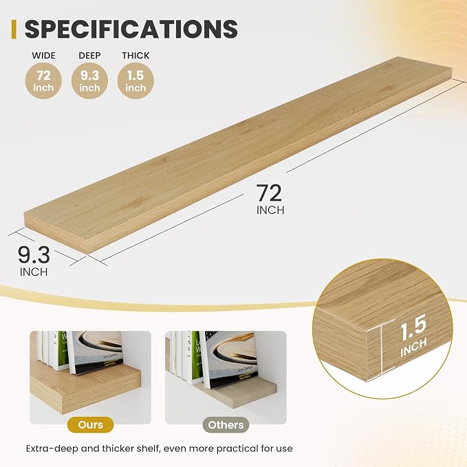 Acovy 72 Inch Floating Shelves, 9.3" Deep Floating Shelf Wall Mounted, 72" Wall Shelves, Rustic Deep Bookshelf, Large Display Shelves & Storage Shelves for Bedroom, Living Room, Oak, Set of 2