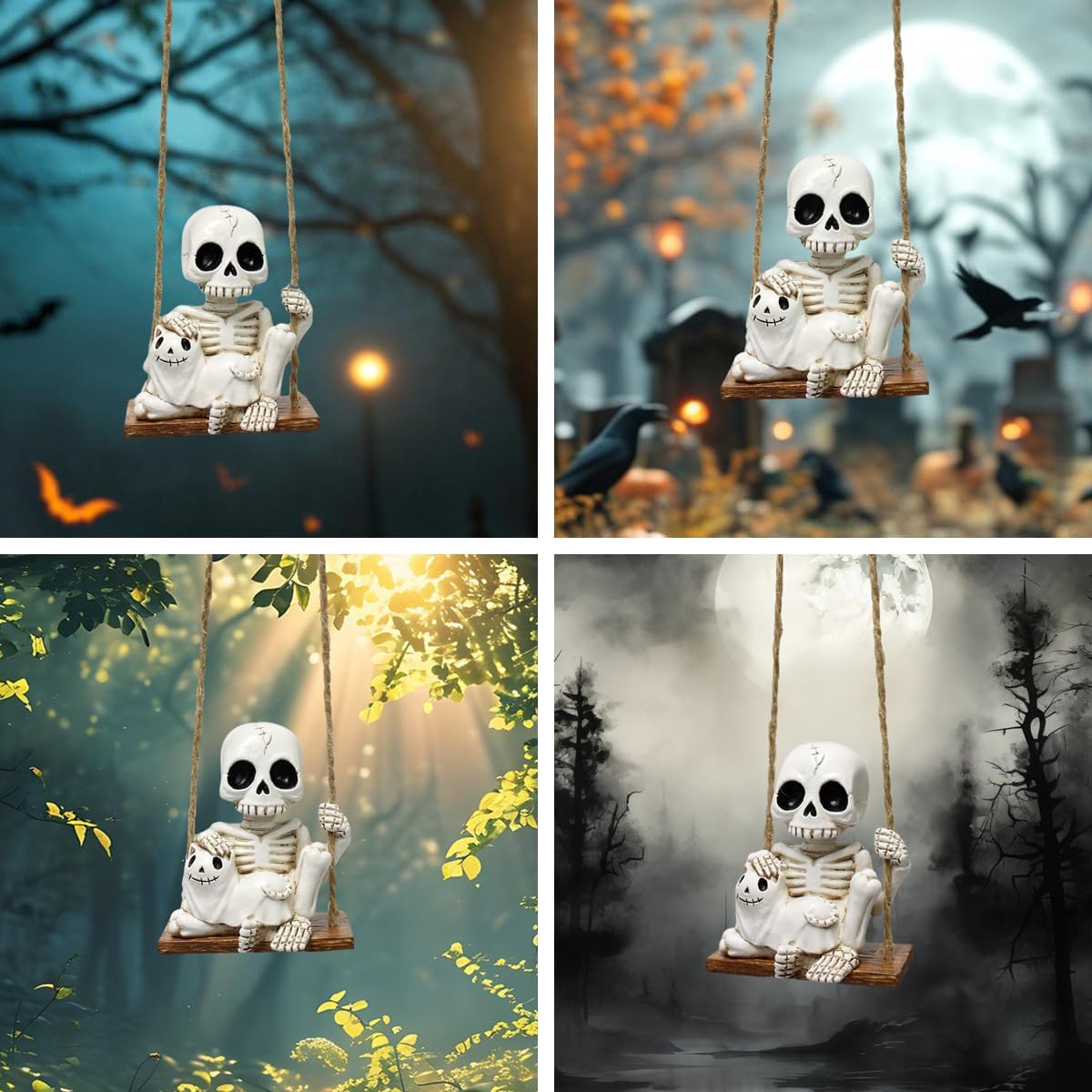 Halloween Resin Skeleton Swing Ornament - Animated Skeleton with Black Cat Figure, Hanging Decor for Tree Wall Garden - Spooky Fun Festival Decor Prop