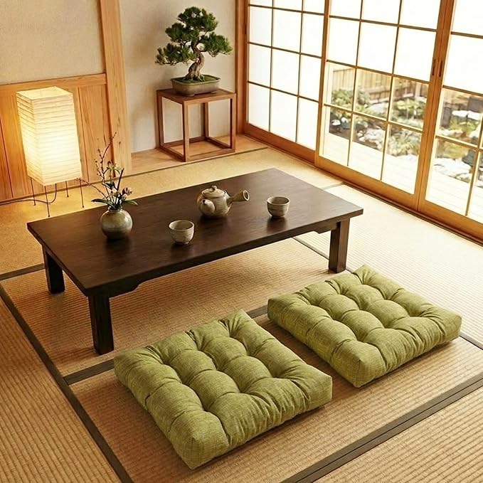 Large Square Floor Cushions Set of 2, 22 x 22 Inch with Non-Slip Bottom, Memory Foam Floor Pillow for Sitting, Meditation & Yoga, Soft Supportive Floor Seating Cushion for Adults & Kids (2, Green)