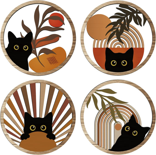 RETRART Boho Black Cat Wall Art Black Cat Room Decor Aesthetic, 4-Piece Farmhouse Geometric Wooden Cat Wall Decor Mid-Century Bohemian Moon Sun Design for Nursery, Bedroom Perfect Cat Lover Gifts