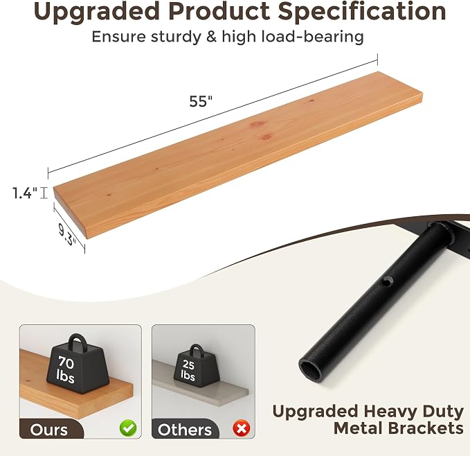 Axeman 55 Inch Floating Shelves for Wall, 9.3" Deep High End Solid Real Wood Wall Shelves with Heavy Duty Invisible Bracket for Living Room, Bedroom, Kitchen, Bathroom, Set of 1, Natural