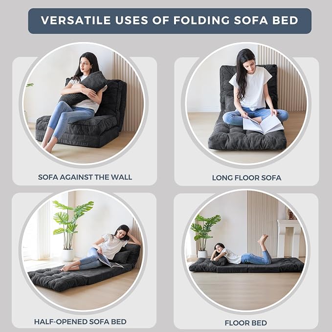 MAXYOYO Folding Sofa Bed, Tufted Bean Bag Bed with Pillows Floor Couch for Adults, Extra Thick and Long Floor Sofa, Single Couch for Bedroom Living Room, Dark Grey, 30x91 Inch