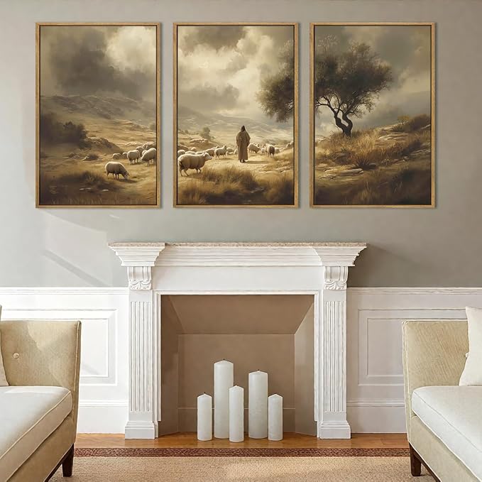 HPNIUB Neutral Jesus Leaves the 99 Sheep Framed Wall Art Set,Easter Lost Lamb Christian Religious Wall Decor, Vintage Inspiring Good Shepherd Artwork for Church Room Christian Faith Gift-24''x36''x3
