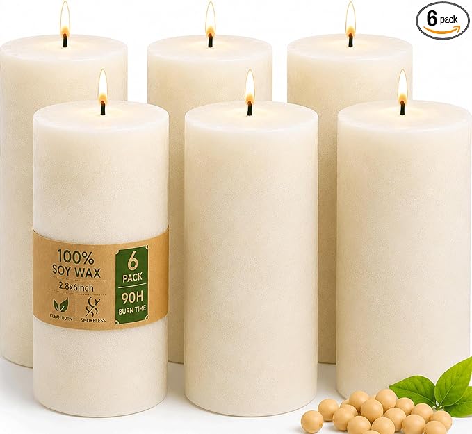 6 Pack Soy White Pillar Candles,Natural Soybean Pillar Candles,540 H Long Lasting Burning-Unscented,Dripless and Smokeless Rustic White Hand-Poured Candles Dinner Table,for Wedding,Home Decor 2.8x6in